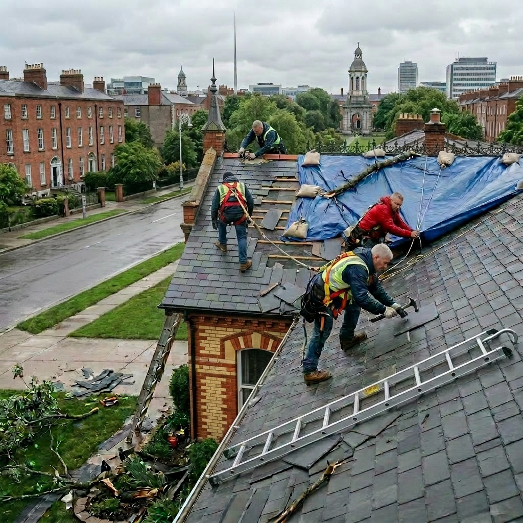 Two workers repairing a damaged residential roof with tools and a blue tarp