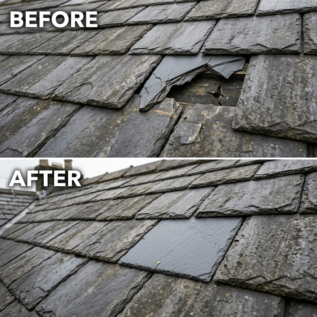 Before and after broken slate roof tile replaced